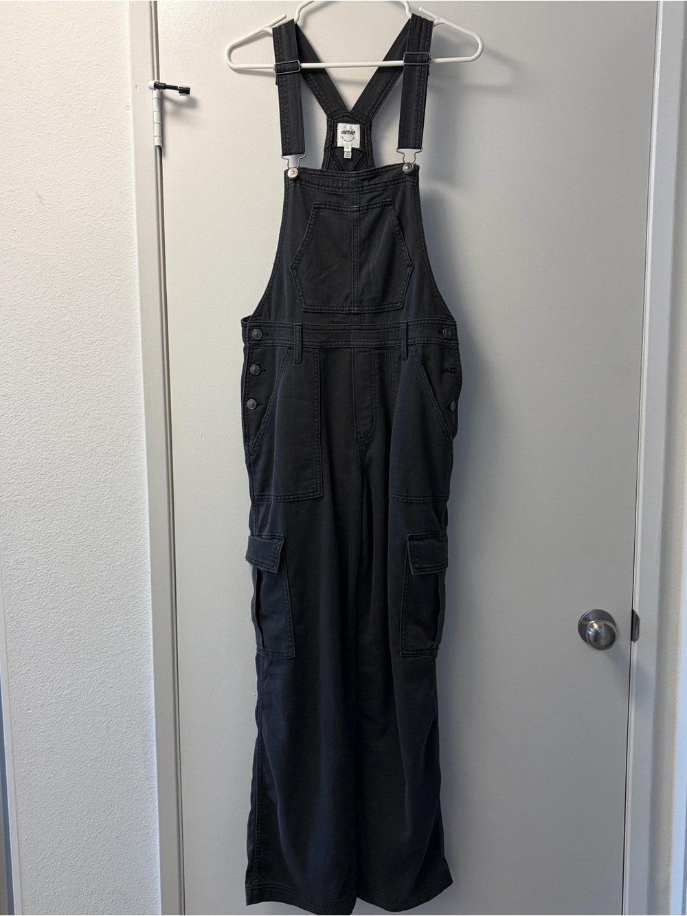 Black Stretchy Denim Cargo Overalls
